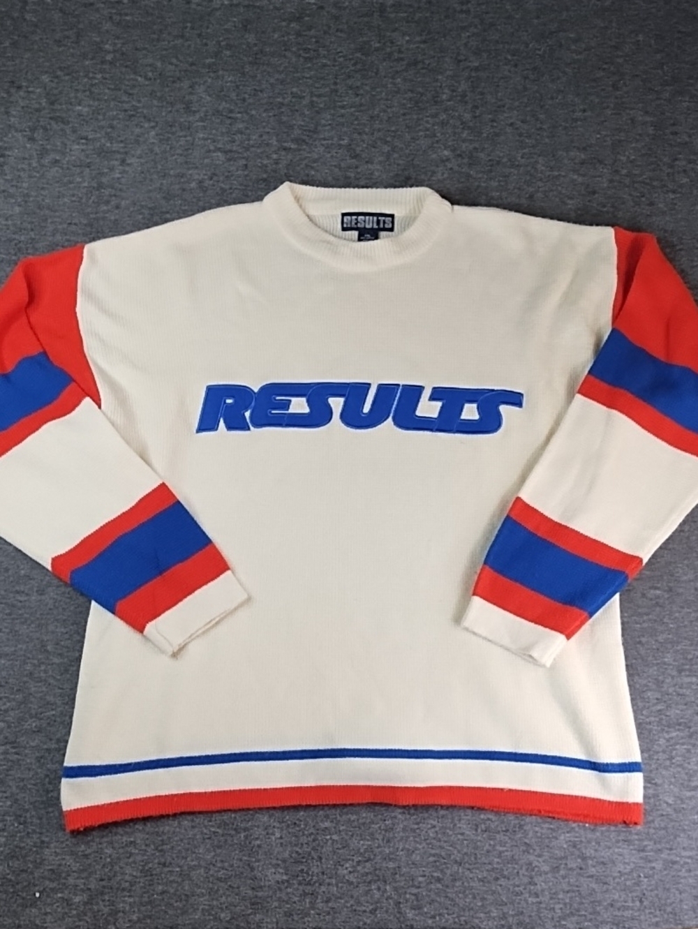 Cream Crewneck Sweater with Blue & Red Stripes